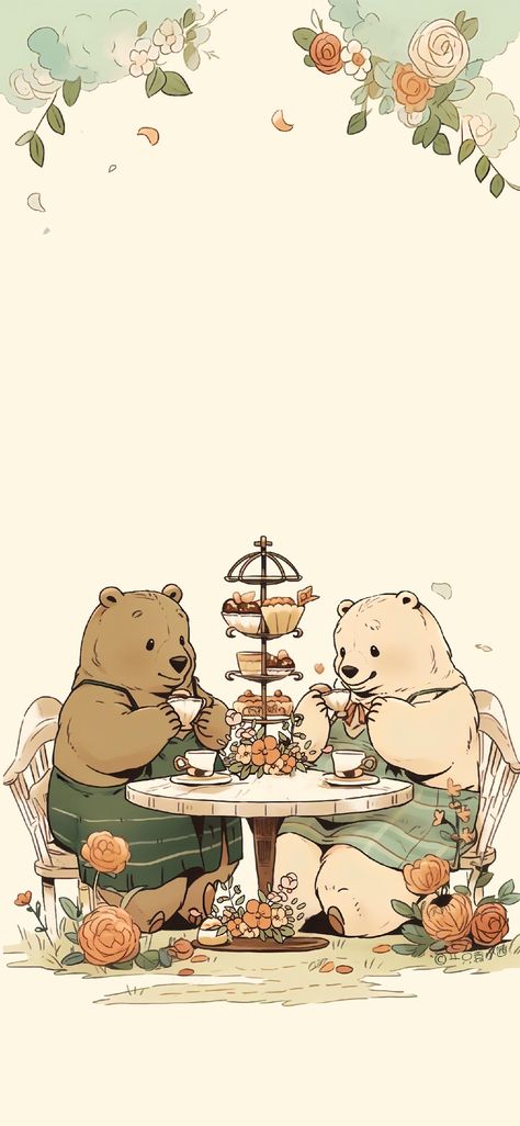 Fall Bear Wallpaper, Fall Duck Wallpaper, Soft Bear Aesthetic, Beige Kawaii Wallpaper, Autumn Illustration Wallpaper, Cottagecore Phone Wallpaper, Bear Lockscreen, Bear Wallpaper Iphone, Forest Lantern