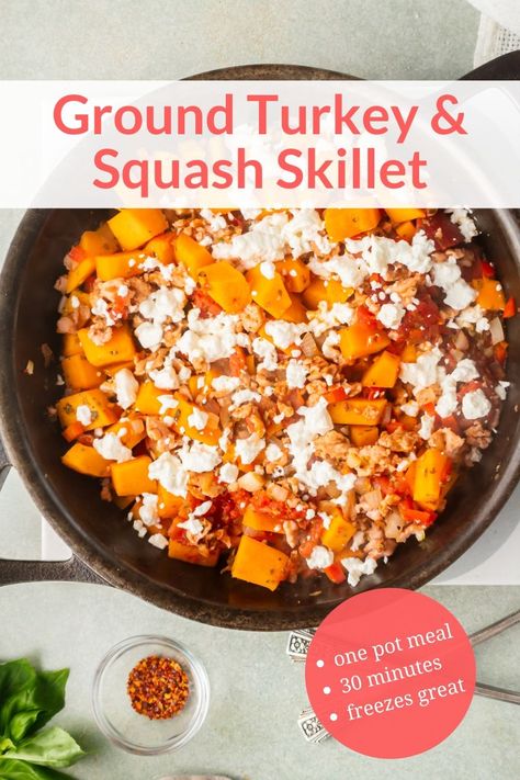 This delicious one pan meal is packed with lean ground turkey, butternut squash, tomatoes, and spices! It's easy to make, filling, and tastes incredible. #dinner #freezerfriendly #kidfriendly #makeahead #quickandeasy #groundturkey #butternutsquash #onepotmeal Ground Chicken And Butternut Squash, Butternut Squash With Ground Turkey, Turkey Butternut Squash Skillet, Ground Turkey Butternut Squash Skillet, Turkey And Butternut Squash Recipes, Ground Turkey And Butternut Squash Meals, Spaghetti Squash With Ground Turkey, Butternut Squash And Ground Turkey, Butternut Squash Ground Turkey