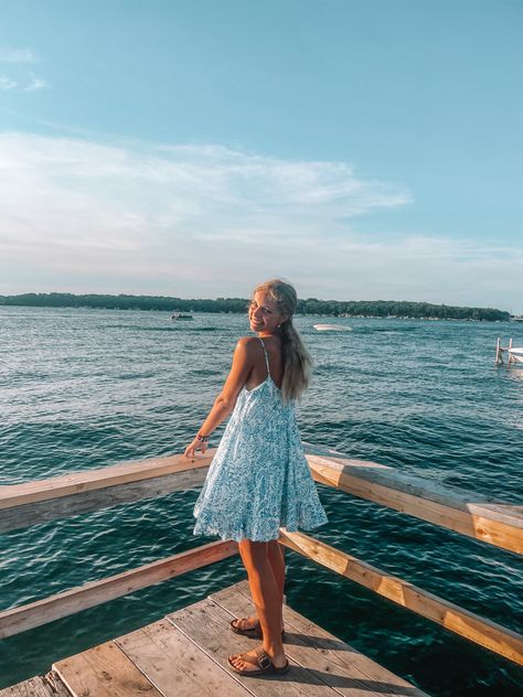 Lake okoboji cute picture aesthetic blue dress sunset dock inspiration blonde pose ideas lake life adorable Lake Life Outfits, Beach Dock Pictures, Lake Dock Pictures, Dock Pictures Instagram, Lake Photoshoot Summer, Lake Pictures By Yourself, Lake Photoshoot Ideas, Dock Pictures, Dock Photos