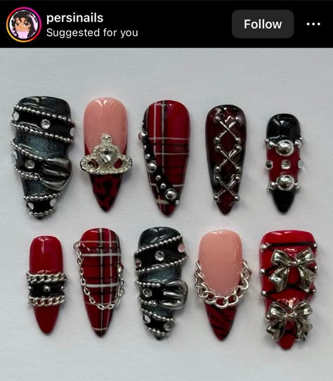 Belt Nails Design, Chains On Nails, Nails With Chains Design, Rock Inspired Nails, Nana Nails Anime, Goth Nails Almond, Nana Nails Inspired, Punk Nails Designs, Retro Nail Art Vintage