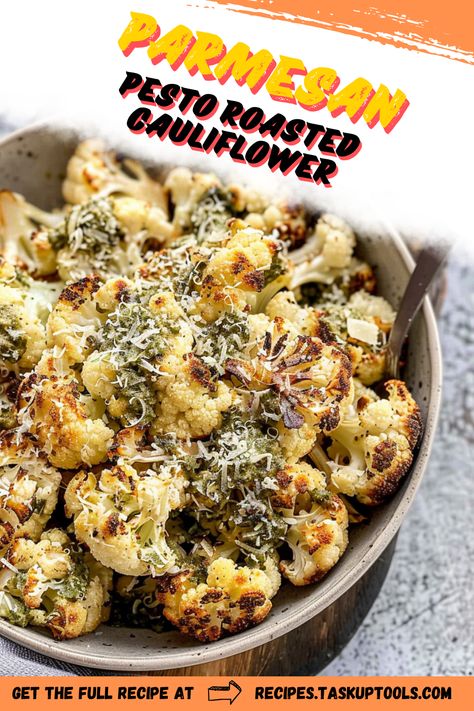 Discover the delightful combination of flavors in this Parmesan Pesto Roasted Cauliflower recipe. Perfectly roasted to achieve a golden, crispy exterior, each bite is infused with the rich taste of parmesan and vibrant pesto. Ideal as a side dish or a tasty snack, this healthy recipe is not only simple to prepare but also packed with nutrients. Elevate your meal with this deliciously unique twist on traditional roasted vegetables and bring a burst of color and flavor to your table. Explore this mouthwatering dish and enjoy Pesto Roasted Cauliflower, Roasted Cauliflower Recipe, Pesto Recipes, Roasted Cauliflower Recipes, Vegetarian Main Course, Arugula Pesto, Cauliflower Recipe, Pesto Recipe, Cauliflower Recipes