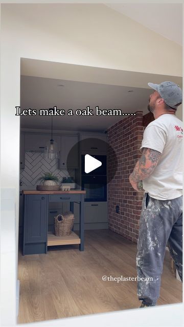 The Plaster Beam on Instagram: "A nice big chunky oak piece added to this kitchen 🪵

Packed with detail 👨🏻‍🎨

Completely transformed the room 👏

#theplasterbeam #beams #oak #wood #faux #imitation #kitchen #house #inspiration #cottage #feature #mrsmoothplastering #shropshire #shrewsbury #renovation #extension #newbuild" Oak Beam Kitchen, Faux Beam Archway, Faux Oak Beams, Fake Wood Beams, Beam In Kitchen, White Oak Kitchen, Faux Wood Beams, Faux Beams, Steel Beams