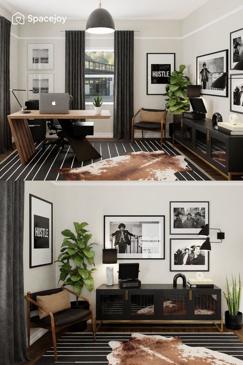 Bedroom Office Ideas Men, Mens Work Office Decor, Industrial Home Office Design Ideas, Light Masculine Office, Office Decor Industrial Style, Men Office Decor At Work, Office Decor For Man, Moody Office Inspiration Modern, Deans Office Decor