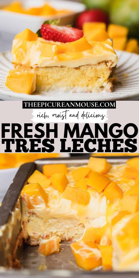 Mango Tres Leches combines the rich, creamy goodness of the traditional Latin American dessert with the sweet and refreshing taste of mango.  This tres leches is perfect for summer gatherings, celebrations, or any occasion where you want a dessert that is both decadent and refreshing. Dessert Recipes Mango, Tres Leches Variations, Recipes With Mangoes, Peach Tres Leches Cake, Mango Tres Leches Cake Recipe, Mango Dessert Ideas, Mango Cream Cake, Easy Asian Dessert Recipes, Easy Mango Desserts