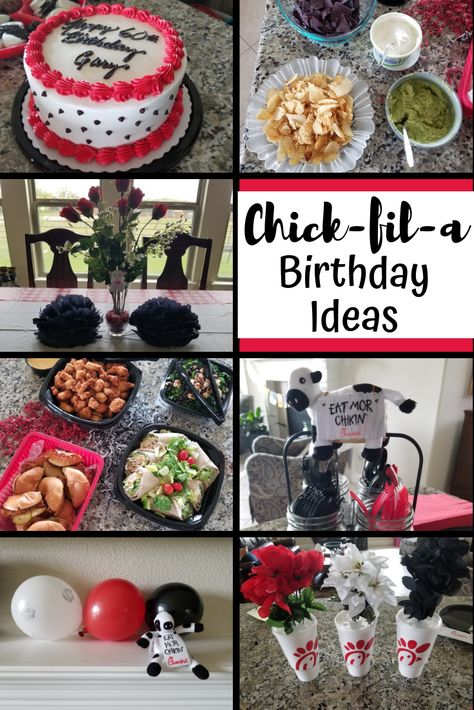 Chick-fil-a birthday party ideas for food and decor. We did a black, white, and red birthday party for my Dad's 60th! Chick Fil A Birthday Party, Chick Fil A Birthday, Cow Decorations, Cow Appreciation Day, Eat More Chicken, Ideas For Food, Red Birthday Party, Red Tray, Red Basket