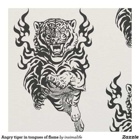 Angry tiger in tongues of flame fabric Vermilion Bird, Flame Tattoo, Angry Tiger, Flame Tattoos, Hand Tattoos For Guys, Mythological Creatures, Paramore, Consumer Products, Eco Friendly Fabric