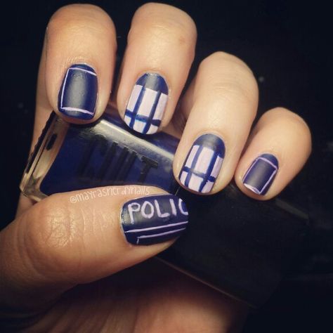 Tardis nail art by itsmayranelson #tardis #doctorwho #mayrasnerdynails #nailart Doctor Who Nails Designs, Dr Who Nail Art, Doctor Who Nail Art, Dr Who Nails, Tardis Nails, Doctor Who Nails, Pretty Fingers, Dr Who, Nail Manicure