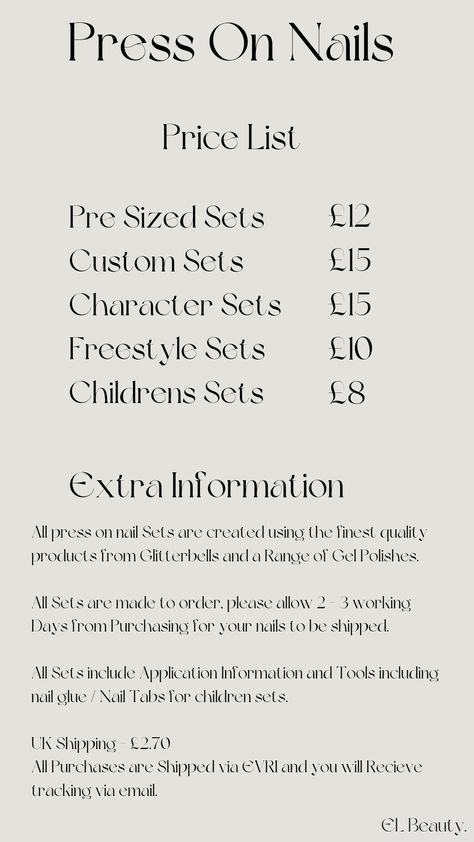 Press On Price List, Press On Nail Price List, Nail Art Price List, Nail Price List, Nail Chart, Nail Journey, Boss Motivation, Business Nails, Nail Business