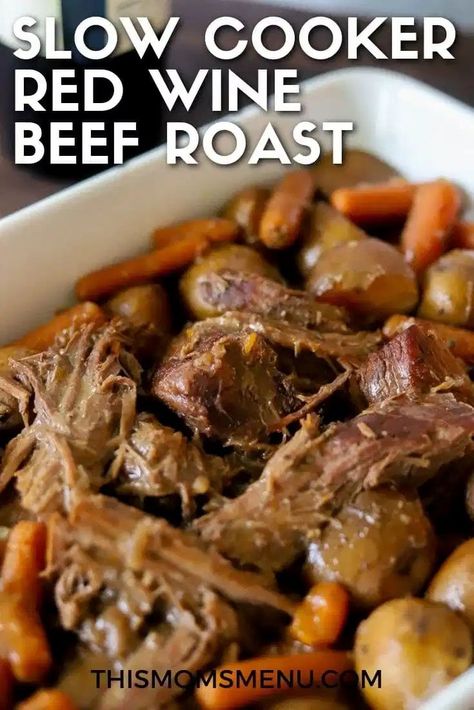 This red wine pot roast is pure comfort food with almost no effort required. The wine, seasoning, and chuck roast combine to create the most delicious and decadent sauce. Serve it with the traditional potatoes and carrots or over mashed cauliflower for a low carb option. Red Wine Chuck Roast Crock Pot, Blade Roast Slow Cooker, Red Wine Beef Roast, Red Wine Pot Roast, Wine Pot Roast, Pot Roast Crockpot, Crock Pot Chuck Roast, Roast Crockpot, Red Wine Beef