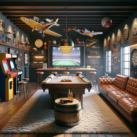 A man cave boasting a rustic pool table, vintage movie posters, plush leather couch, classic arcade games, quirky decor and a personal bar. Cosy ambience with softly lit lights.
#mancave #homedecor #vintagestyle #gameroom #hometheater #rusticdecor Rustic Games Room, Garage Pool Table Room, Game Room Design Man Caves, Pool Table Room Ideas Man Caves, Game Room Ideas For Adults, Vintage Billiard Room, Pizza Arcade, Pool Table Lighting Ideas, Man Cave Basement Rustic