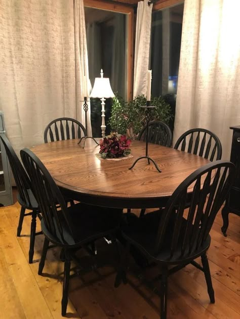 Oak Table And Black Chairs, General Finishes Gel Stain Dining Table, Refurbished Oak Table And Chairs, Black And Brown Kitchen Table, Oak Table Makeover Farmhouse, Antique Dining Table Black, Clawfoot Table And Chairs Makeover, Oval Kitchen Table Makeover, Black Farmhouse Kitchen Table