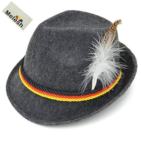 Melesh Adult Felt German Alpine Bavarian Oktoberfest Hat Cap  Material : Polyester + EVA  Size Fit For Head Circumference : 56cm or 22"  Great Hat for Oktoberfest Costume and Beer Festival Carnival Parties  Unisex German Alpine hat, Nice for Women and Men  Good quality Hat with Feather Attached at One Side Oktoberfest Hat, Bavarian Hat, Oktoberfest Decorations, Swiss German, German Oktoberfest, Oktoberfest Costume, Oktoberfest Outfit, Oktoberfest Beer, Oktoberfest Party