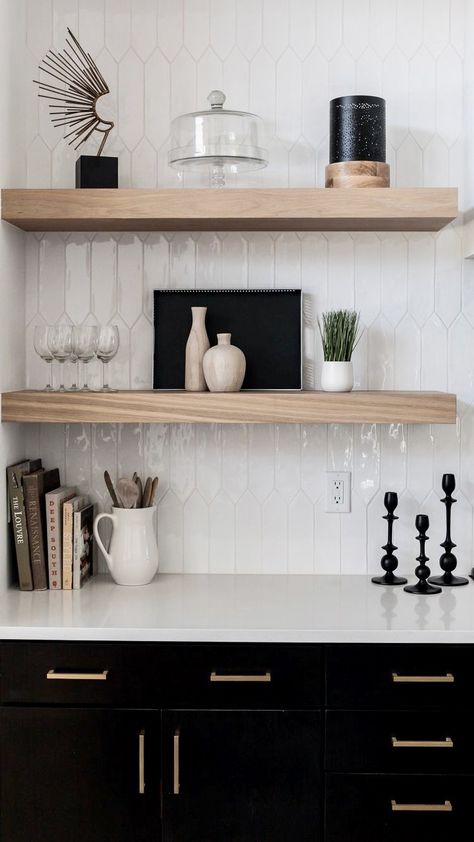 Kitchen Backsplash Ideas With White Oak Cabinets, Floating Shelves Kitchen Dark Cabinets, Tile Backsplash Bar Area, Kitchen Surface Decor, Wine Bar Backsplash Ideas, Subway Tile Bar Backsplash, White Black And Wooden Kitchen, Bar Area Backsplash, Backsplash For Bar Area