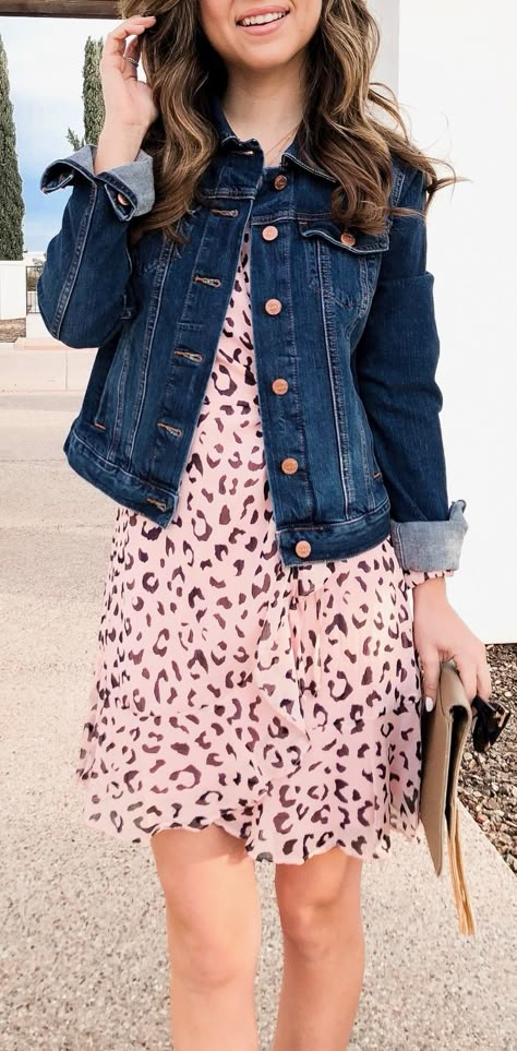 Leopard print dress + denim jacket Denim Jackets For Women Fashion Ideas, Denim Jacket For Women, What To Wear With Denim Jacket, Denim Jacket With Dress Outfit, Denim Jacket Over Dress, Denim Jacket Dress Outfit, Dress With Denim Jacket Outfit, Cool Jackets Women, How To Style Denim Jacket