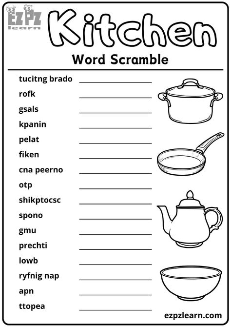 Kitchen Word Scramble 16 Words Vocabulary Activity Free Printable PDF Word Scramble Games For Adults, Word Scramble With Answers, Holiday Word Search, Life Skills Kids, Unscramble Words, Weather Vocabulary, Scramble Words, Worksheets For Grade 3, Words Vocabulary