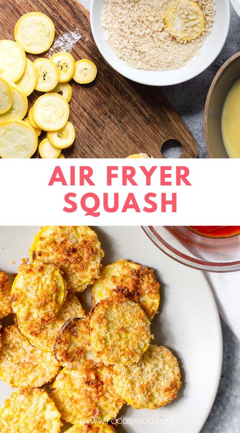 squash being dipped in panko and then air fried squash already cooked Gouda Recipes, Southern Potluck, Air Fryer Squash, Fried Squash Recipes, Fried Yellow Squash, Southern Sides, Thanksgiving Ham, Fried Squash, Yellow Squash Recipes