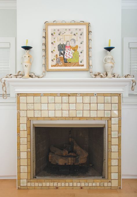 ceramic tile fireplace surround - Google Search Hand Painted Fireplace, Ceramic Tile Fireplace, Craftsman Remodel, Tile Fireplace, Fireplace Tile Surround, Paint Fireplace, Fireplace Built Ins, Time Line, My Muse