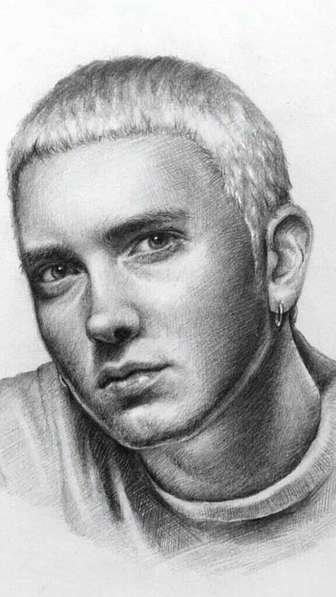 Eminem Sketch Drawings Easy, Celebs To Draw, Eminem Painting Easy, Portrait Drawing Celebrity, Eminem Drawing Sketches, Celebrity Portraits Drawing Sketch, Eminem Art Drawing, Detailed Drawings Pencil, Eminem Drawing Easy