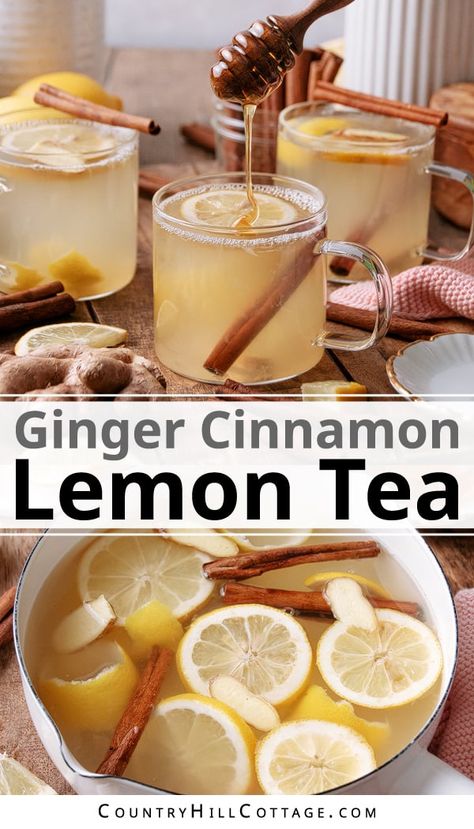 This homemade lemon ginger cinnamon tea is great to warm up on a cold day and an excellent recipe when you’re feeling under the weather. It’s easy to make with 5 ingredients and great for soothing a sore throat. The recipe is super easy to make. Just steep the cinnamon, ginger, and lemon peel, and then stir in the honey and lemon juice. Create variations with orange, turmeric, maple syrup, elder berries, thyme, rosemary, cloves and other spices or make a hot toddy. | CountryHillCottage.com Ginger Lemon Tea Recipe, Lemon Tea Recipe, Ginger Cinnamon Tea, Ginger Lemon Tea, Ginger Tea Recipe, Tea Drink Recipes, Cinnamon Tea, Ginger And Cinnamon, Lemon Ginger