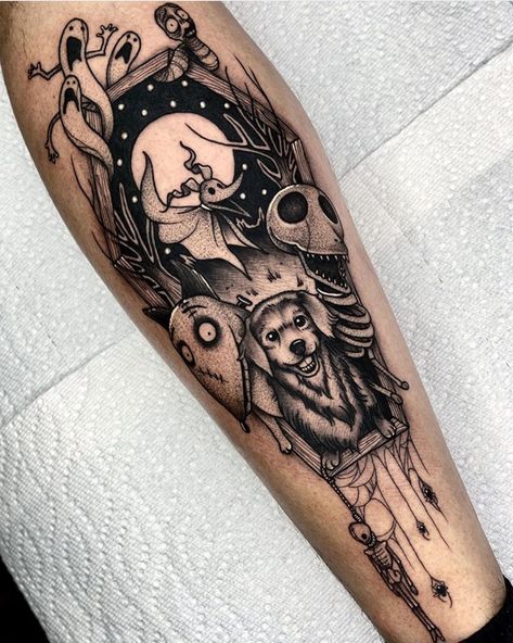 50+ Spooky Halloween Tattoo Ideas - The XO Factor Tim Burton Dogs, Skellington Tattoo, Jack Skellington Tattoo, Halloween Tattoos Sleeve, Tim Burton Tattoo, Halloween Tattoo Ideas, Globe Tattoos, Line Tattoo Ideas, Tribute Tattoos