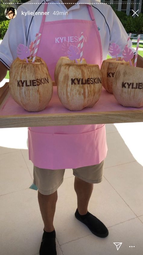 Personalized Coconut, Kylie Jenner Party, Launch Event Ideas, Business Launch Party, Kylie Skin, Coconut Drinks, Tiki Drinks, Business Launch, Kylie Cosmetic