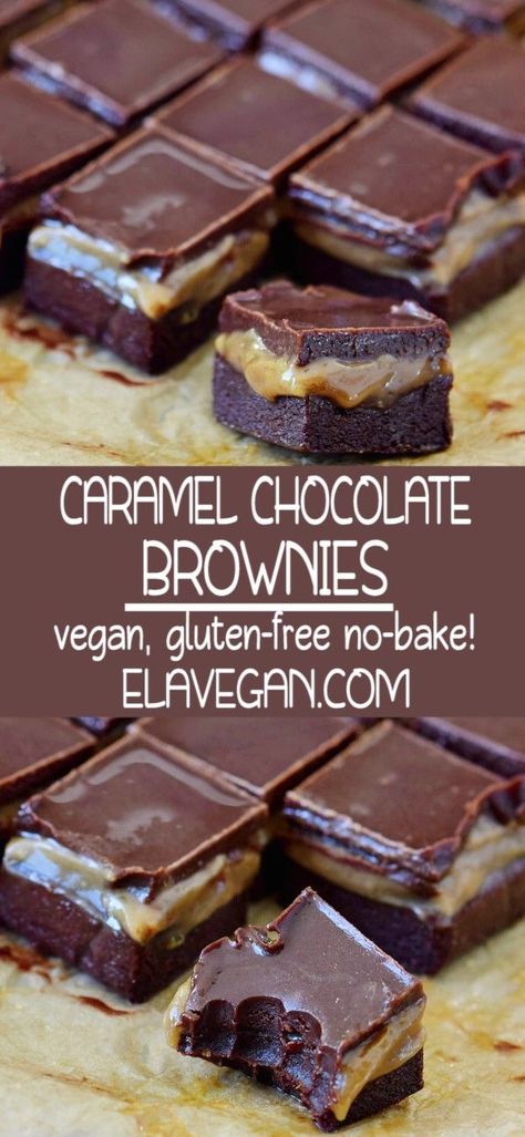 No-bake Caramel Chocolate Brownies which will melt in your mouth! These bite-sized bars are fudgy, rich, and chocolaty! The recipe is vegan, gluten-free, can be made healthy with dates and requires no oven! Perfect as dessert or snack! #veganbrownies #caramelbrownies #nobakebrownies #glutenfreebrownies #elasrecipes | elavegan.com Vegan And Gf Desserts, Dessert Recipes No Oven, Baking With Dates, No Bake Gluten Free Desserts, Vegan Squares, Vegan Slice, Brownies Decorados, Brownies Caramel, Baked Caramel