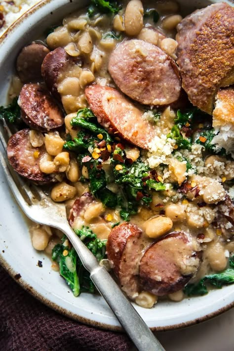 Bean Dinner Ideas, White Beans And Sausage, White Bean And Sausage, Sausage Dinner Recipes, White Bean Sausage, Sausage And Beans, Bean Sausage, Sausage Skillet, White Bean Recipes