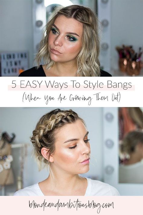 Bangs Braided Back, Bangs Pulled Back Hairstyles Wedding, Updos To Hide Bangs, Braid Bangs Back, Pull Back Bangs Hairstyles, Hairstyles To Pull Back Bangs, Grow Out Bangs Hairstyles, Ways To Pin Back Bangs, Ways To Hide Bangs