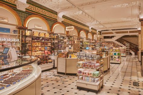 Harrods London Interiors, Harrods Chocolate, David Collins, Cafe Logo Design, Bakery Interior, Bakery Design Interior, Hall Flooring, Harrods London, Bakery Decor