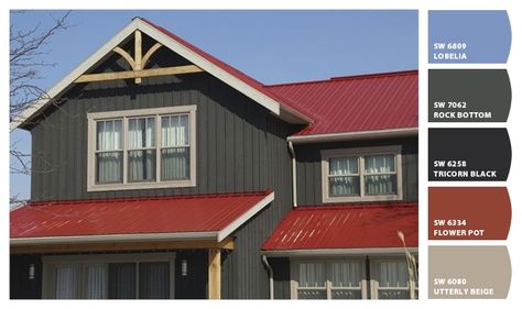 Paint colors from ColorSnap by Sherwin-Williams Red Roof House Colors, Metal Roof Houses Color Combos, House With Red Roof, Red Roof House, Metal Roof Houses, Exterior Gray Paint, Roof Paint, House Paint Color Combination, Brown Roof