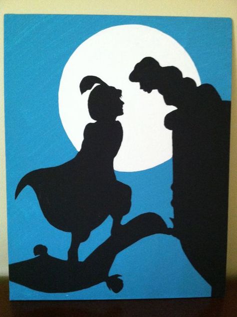 Aladdin and Jasmine Disney Silhouette on Canvas by PotterPillows ... Disney Canvas Art, Disney Silhouette, Disney Silhouettes, Disney Canvas, Disney Paintings, Images Disney, Aladdin And Jasmine, Disney Aladdin, Pinturas Disney