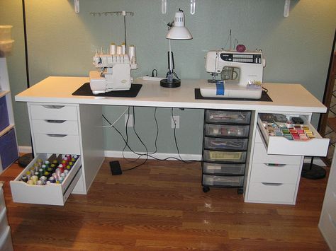 Serger Thread and Sewing Thread Storage by StitchedByMe, via Flickr (Ikea units and a hollow door! great idea!) Sewing Thread Storage, Ikea Small Spaces, Ikea Units, Sewing Station, Sewing Room Inspiration, Ikea Drawers, Sewing Machine Tables, Sewing Room Storage, Sewing Spaces