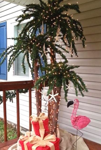 coastal christmas trees beach christmas trees reader submissions, seasonal holiday d cor, Outdoor palm Christmas tree with lights flamingo and gifts By Beth Walker Dobbins Tropical Xmas, 21 Party, Island Christmas, Beach Christmas Trees, Aqua Christmas, Beach Christmas Decorations, Palm Tree Decorations, Christmas Palm Tree, Hawaii Christmas