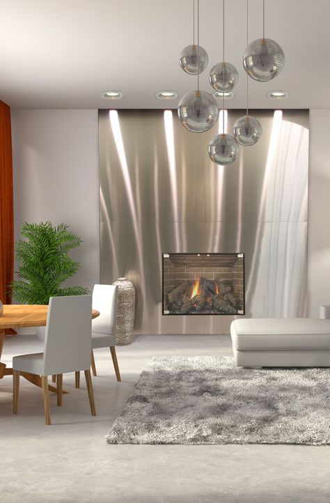 Our Stainless Steel decorative wall panels really bring the modern look to life in this setting. Gorgeous.    #stollindustries #customfireplace #modernstyle #accentwall  #wallpanelsystems #fireplacesurrounds Stainless Steel Wall Panels, Steel Accent Wall, Brick Accent Wall, Wall Panel System, Metal Wall Panel, Best Home Interior Design, Custom Fireplace, Decorative Wall Panels, Panel Systems