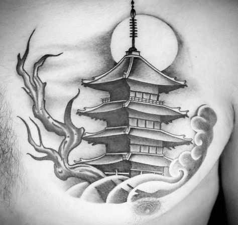 Japanese Tower Tattoo, Trishool Tattoo, Japanese Temple Tattoo, Tower Tattoo, Temple Tattoo, Magic Fingers, Japanese Temple, Samurai Tattoo, Japanese Tattoo Designs