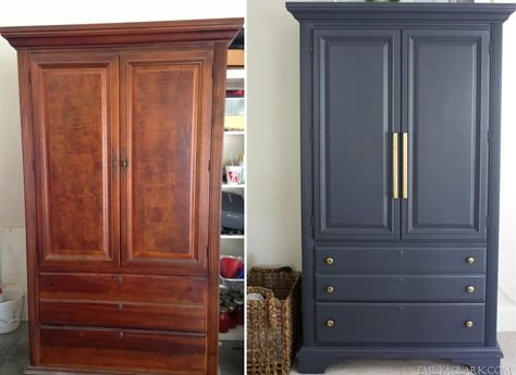 Armoire before and after through paint                                                                                                                                                                                 More Armoire Makeover, Chic Dresser, Bedroom Furniture Makeover, Hale Navy, Painted Bedroom Furniture, Wardrobe Makeover, Shabby Chic Dresser, Furniture Flipping, Furniture Flip