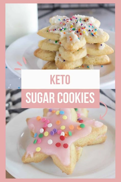 These are the absolute best keto sugar cookies with icing! They have a soft and chewy center with a slightly crisp edge and can be made big and soft or used to make cut-out cookies that hold their shape well. Sugar Free Sugar Cookies, Cookie With Frosting, Nut Free Keto, Sweet Buttercream Frosting, Sugar Free Christmas Cookies, Keto Sugar Cookies, Low Carb Christmas Cookies, Roll Out Sugar Cookies, Low Carb Christmas