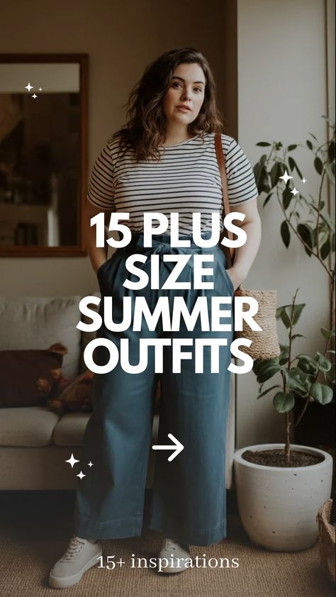 Plus Size Summer Outfits,Plus size woman in high-waist culottes with striped tee Summer Outfits Ideas, Plus Size Summer Outfits, Summer Outfit Inspiration, Plus Size Summer, Summer Heat, Outfits Ideas, Plus Size Fashion, Outfit Inspirations, Summer Outfits