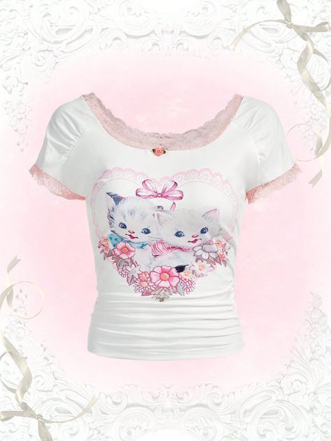 ROMWE Kawaii Cartoon Cat Graphic Contrast Lace Appliques TeeI discovered amazing products on SHEIN.com, come check them out! Kawaii Goth Clothes, Clothes On Shein, Kawaii Shirt, Applique Tee, Cartoon Tops, Applique Top, Cat Kawaii, Kawaii Goth, Kawaii Cartoon