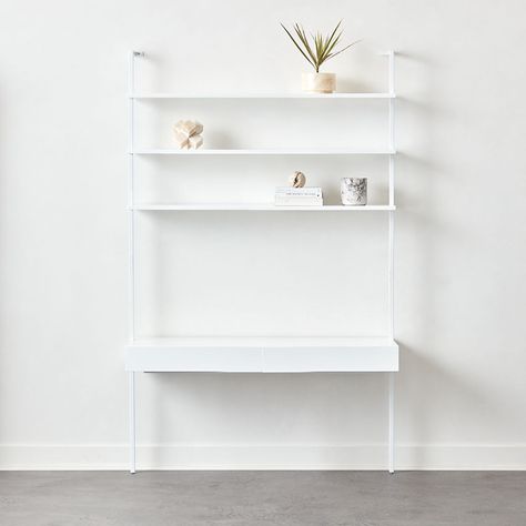 Modern Desks: Rolling, Leaning, Modular & More | CB2 White Lacquer Desk, Wall Mount Desk, Acacia Wood Desk, Lacquer Desk, Grey Leather Chair, Desk With Shelves, Fall Furniture, Glass Top Desk, Modular Desk