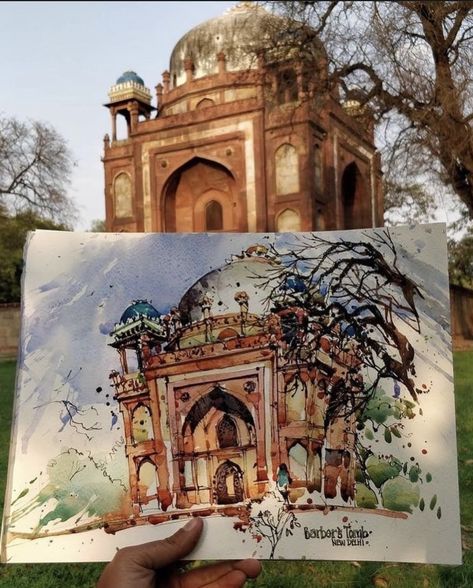 Indian Urban Sketching, Watercolor Monuments, Object Shading, Aesthetic Scenes, Nurse Drawing, Live Sketch, Pencil Strokes, Paintings Nature, Watercolor Practice