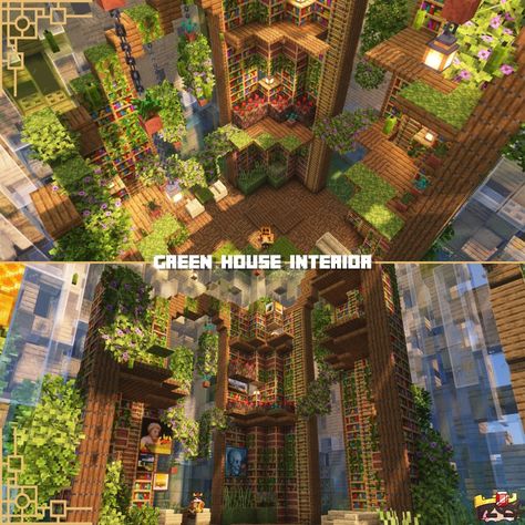 Minecraft Greenhouse Ideas Interior, Minecraft Fantasy Library, Minecraft Butterfly Sanctuary, Minecraft Greenhouse Interior, Minecraft Library Interior, Minecraft Barn Ideas Farms, Minecraft Frog Enclosure, Minecraft Library Build, Green House Minecraft