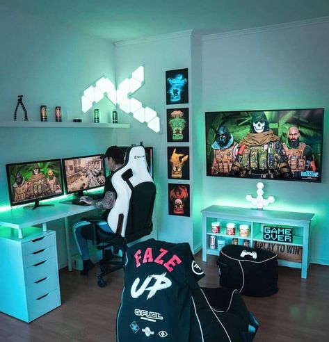 Tv Gaming Setup, Game Setup, Best Gaming Setup, Gamer Setup, Pc Gaming Setup, Video Game Room Design, Video Game Rooms, Bedroom Setup, Gaming Room Setup