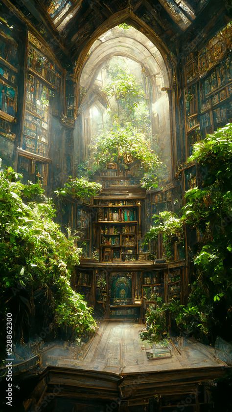 Botanical Library Aesthetic, Overgrown Library Aesthetic, Hidden Library Aesthetic, Abandoned Library Aesthetic, Nature Library, Treehouse Library, Overgrown Library, Tree Castle, Enchanted Forest Library