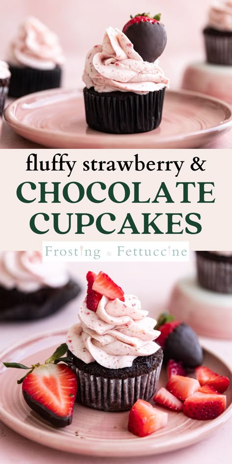 These homemade chocolate cupcakes with strawberries have a moist chocolate cake and are topped with a bright strawberry buttercream frosting. Garnish them with fresh strawberries or chocolate covered strawberries. You'll love this fun chocolate cupcake recipe with strawberry frosting! Chocolate Cupcake With Buttercream Frosting, Dark Chocolate Strawberry Cupcakes, Chocolate Dipped Strawberry Cupcakes, Chocolate And Strawberry Cupcakes, Chocolate Cupcakes With Strawberry Icing, Neopolitan Cupcakes Recipe, Tasty Cupcakes Recipes, Chocolate Strawberry Cupcake Recipe, Strawberry Filled Chocolate Cupcakes