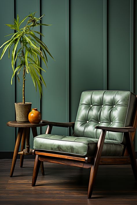 A green leather chair and a potted plant on a wooden table in front of a green wall. #green #chair #plant #woodentable #greenwall #interior #homedesign #furniture #decor #nature #livingroom Green Leather Chair Living Room, Green Mancave, Greenwall Interior, Dark Green Chair, Green Office Chair, Green Furniture Living Room, Rustic Wooden Crates, Green Leather Chair, Room Wall Design