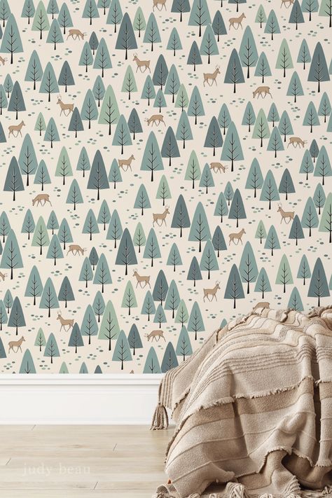 Embark on a woodland romp with playful Forest Deer wallpaper. Illustrated with a casual feel and a bit of retro vibe, this design speaks to young hearts and invites a sense of adventure. Thoughtfully and sustainably printed on high-quality wallpapers. Cabincore Wallpaper, Woodsy Wallpaper, Colorado Wallpaper, Wallpaper Forest, Deer Wallpaper, Geometric Trees, Forest Deer, Commercial Wallpaper, Retro Fabric