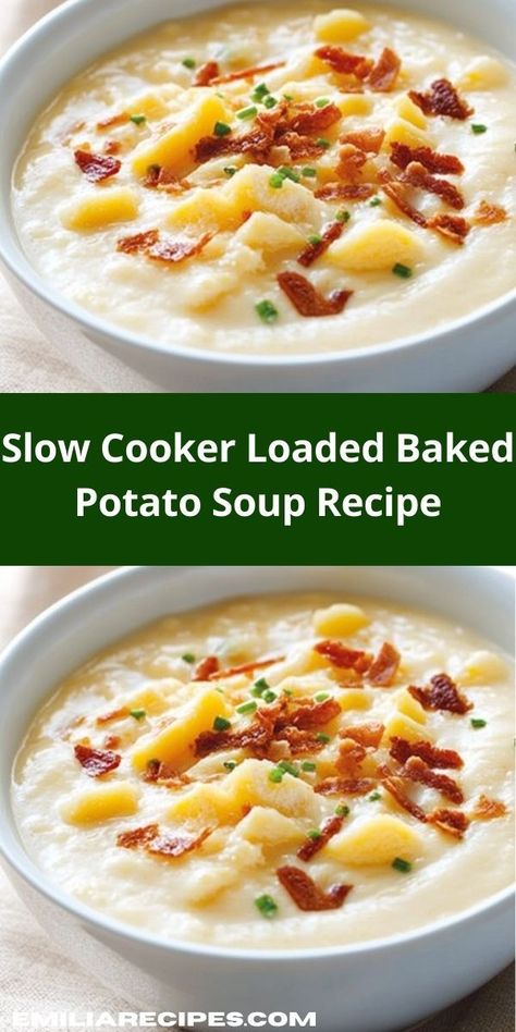 Need a family-friendly dinner option? Our Slow Cooker Loaded Baked Potato Soup delivers on taste and convenience. Gather everyone around the table for this delightful and satisfying soup that’s simple to make. Loaded Baked Potato Crock Pot, Crockpot Loaded Baked Potato Soup Recipes, Baked Potato Soup Crock Pot Easy, Loaded Potato Soup Slow Cooker, Loaded Potato Soup Crockpot Easy, Slow Cooker Potato Bacon Soup, Slow Cooker Potatoes Soup, Slow Cooker Loaded Potato Soup, Creamy Crockpot Soup Recipes