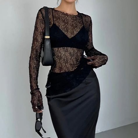 Commense Lace Top , Long Sleeve, Size M Black Dress With Lace Top, Tight Long Sleeve Shirt Lace, All Black Lace Outfit, Lace V Neck Top, Lace Mock Neck Top Outfit, Black Lace Top Outfit Night, Outfits With Lace Tops, Lace Shirt Layering Outfit, Lace Set Outfit