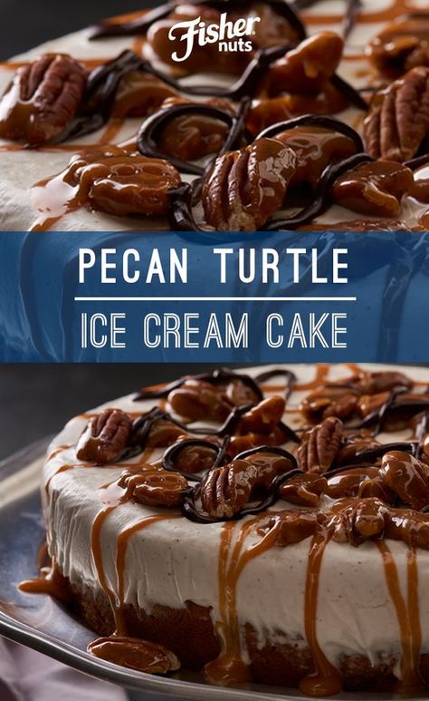 Pecan Ice Cream Cake, Turtle Ice Cream Cake, Thanksgiving Ice Cream Cake, Turtle Ice Cream, Pecan Turtles, Ice Cream Cake Recipe, Ice Cream Cakes, Pecan Cake, Nut Recipes